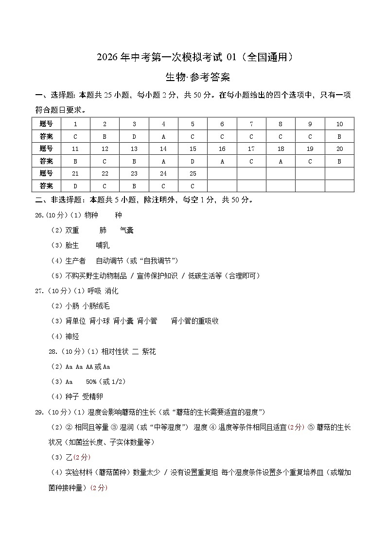 生物一模模拟卷01（全国专用）（参考答案）第1页