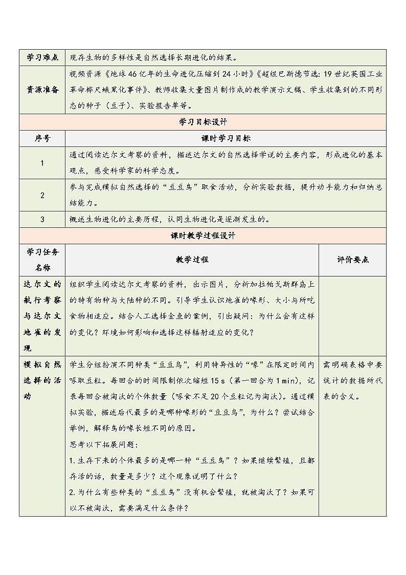 第十七章 第二节 生物的进化（第3课时） 教学设计 2025—2026学年《生物》八年级下册（北师大版）第2页