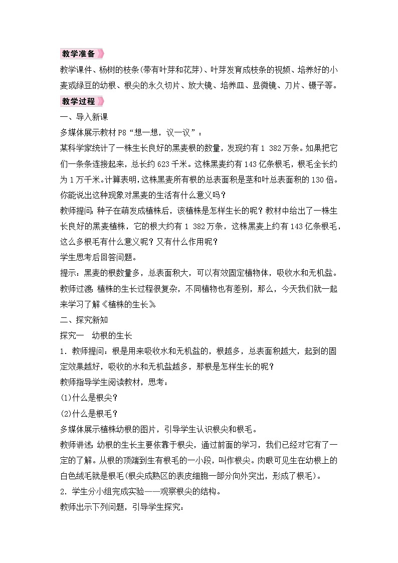 人教2024初中生物七下3-1-2《植株的生长》教案第2页