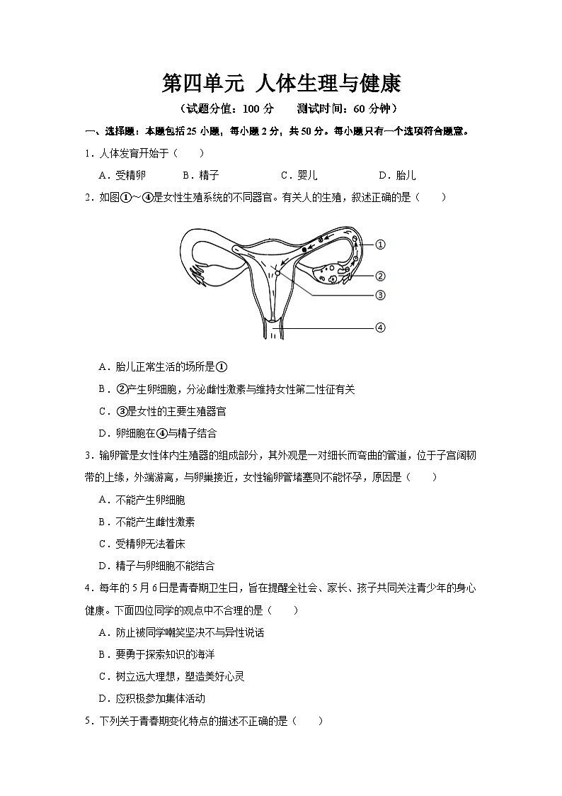 人教2024初中生物七下《第四单元 人体生理与健康测试》测试卷（无答案）第1页