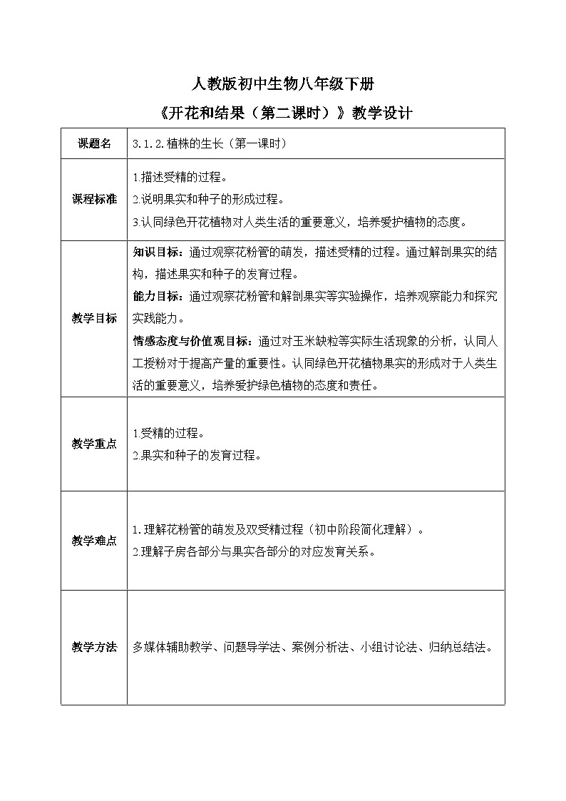 3.1.3.开花与结果（第二课时）【教学设计】——2026年初中生物七年级下册人教版第1页