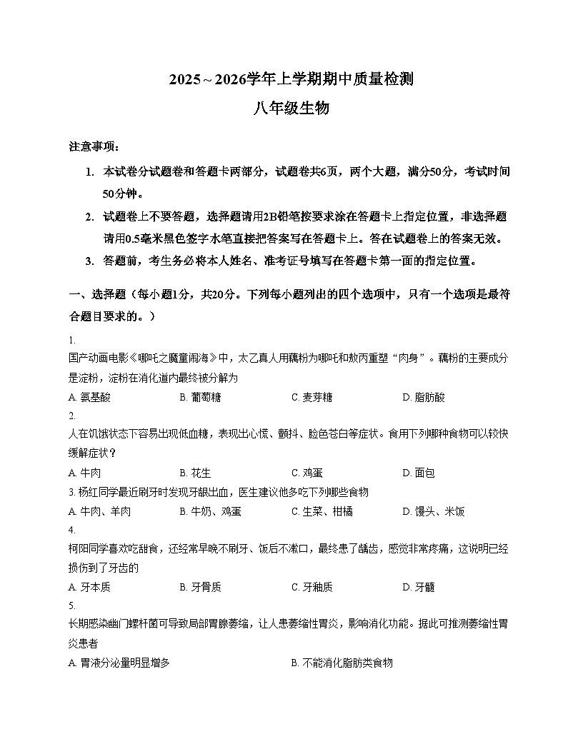 河南省平顶山市汝州市2025_2026学年八年级上学期11月期中生物试题（文字版，含答案）第1页