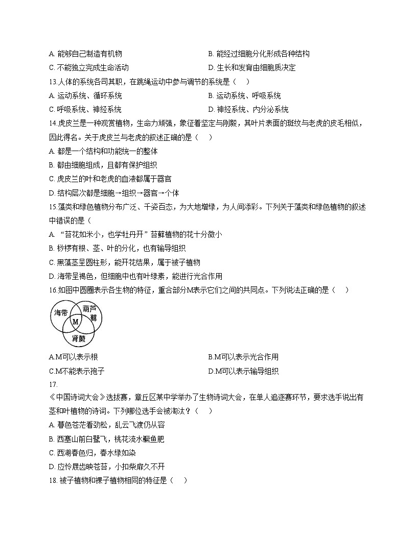 辽宁省沈阳市南昌中学2025_2026学年七年级上学期生物期中试题（文字版，含答案）第3页