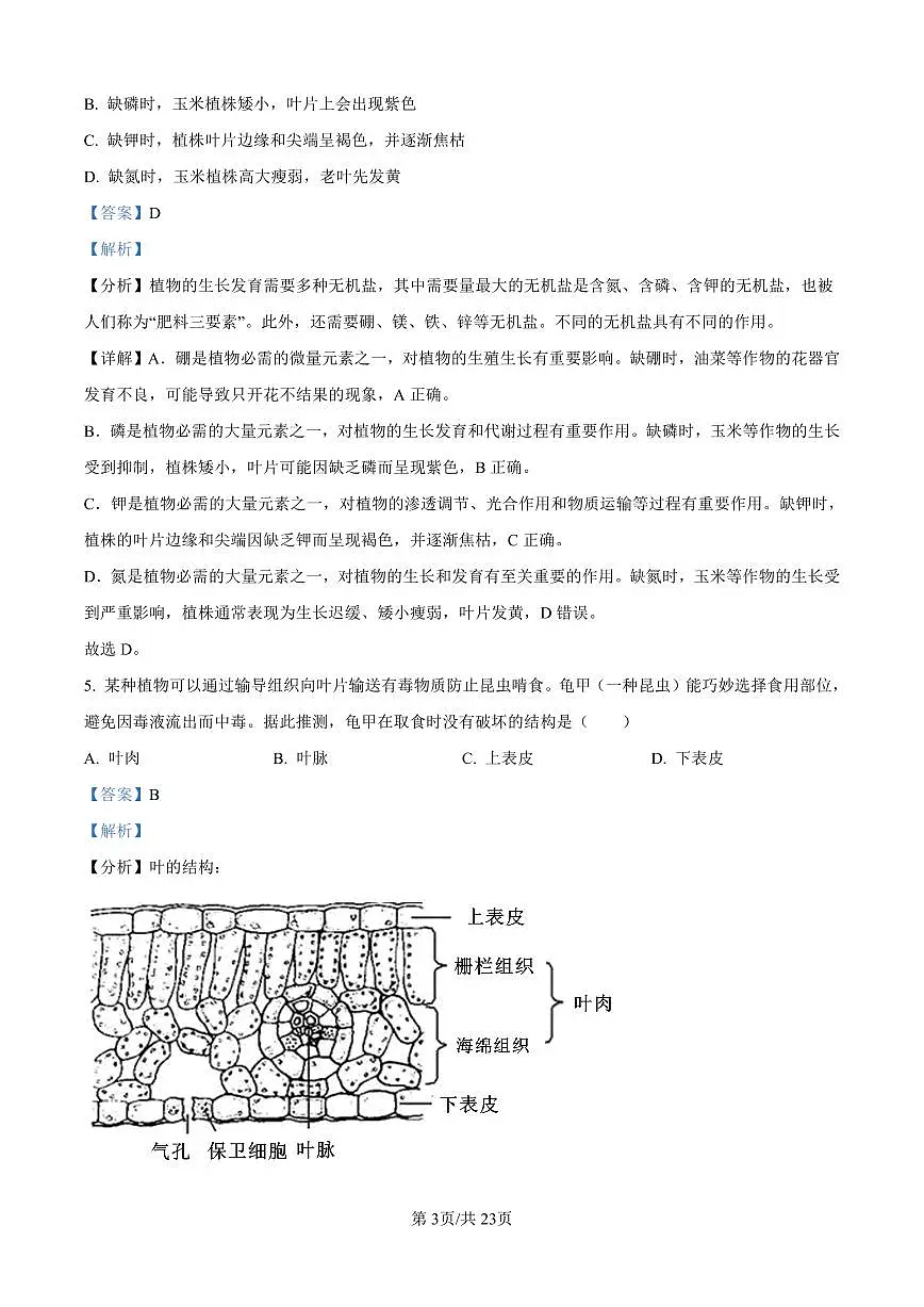 2024-2025深圳中学七年级（下）期中生物试卷答案第3页