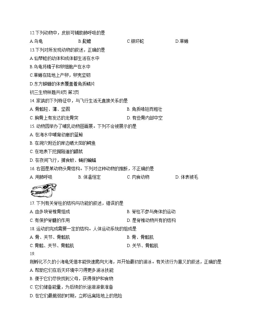 山东省泰安市泰山区2025_2026学年八年级上学期期中考试生物试题（文字版，含答案）第3页