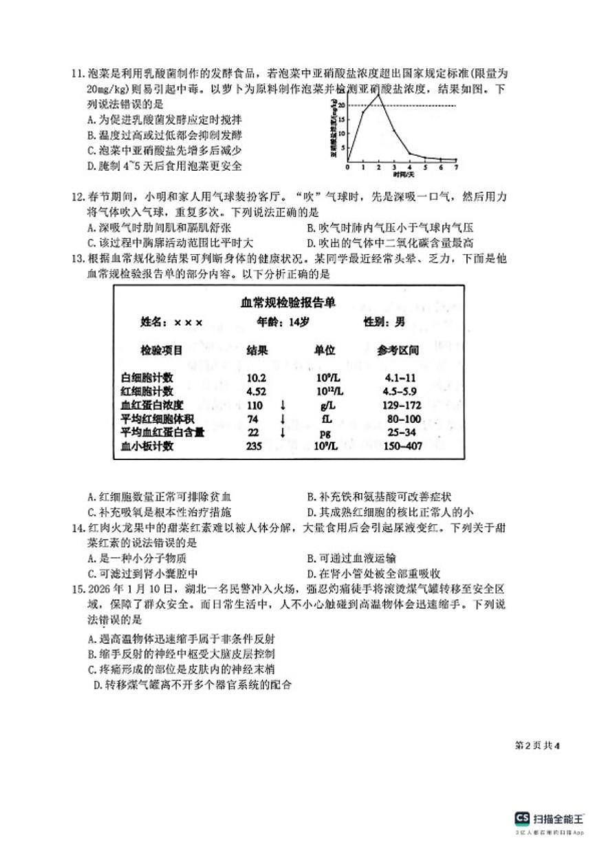 2026年山东省滨州市博兴县初中学业水平考试一模生物试题（含答案） (1)第3页