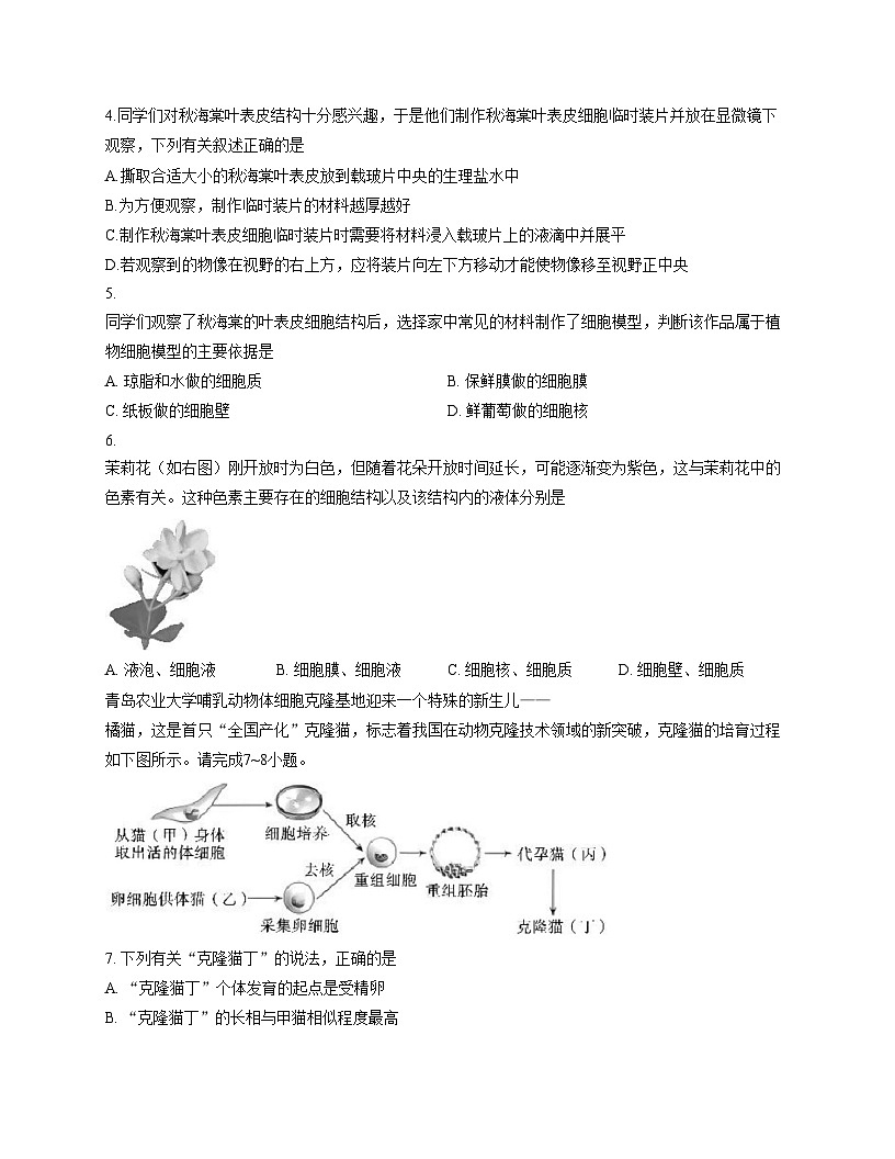 陕西省咸阳市实验中学2025_2026学年七年级上学期第二次质量检测生物试卷（文字版，含答案）第2页
