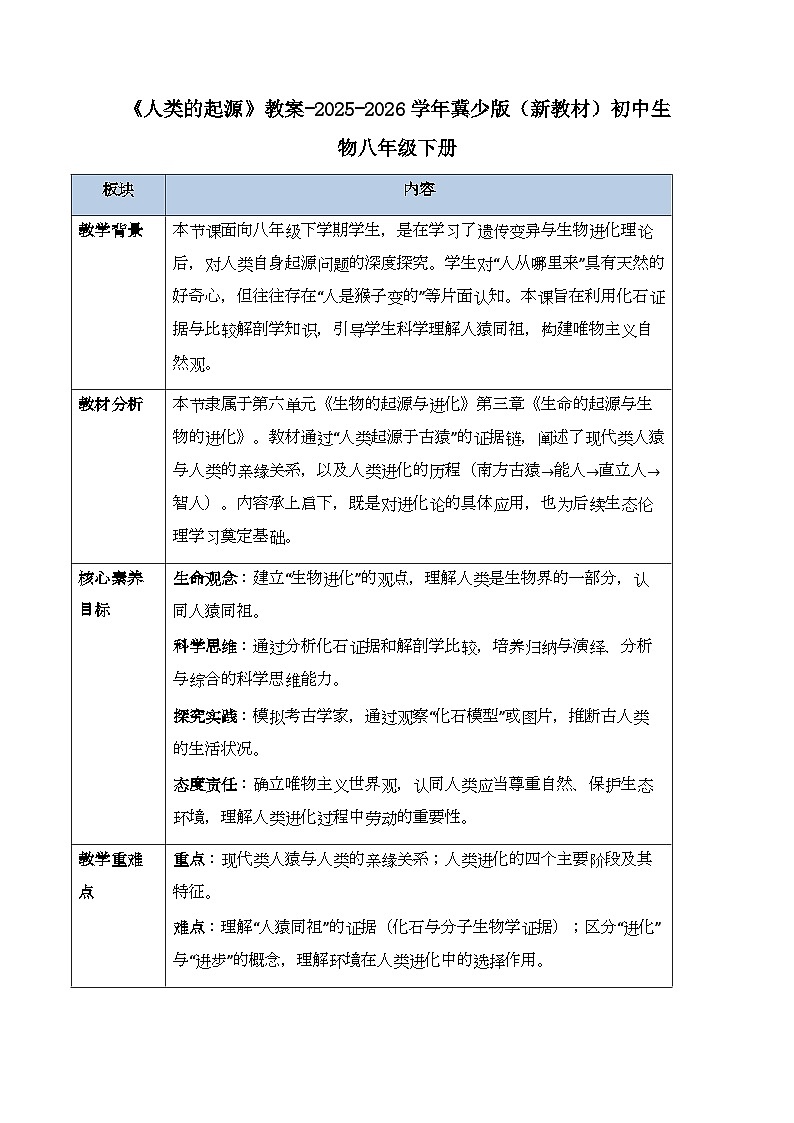 第六单元第三章第四节《人类的起源》教案-2025-2026学年冀少版（新教材）初中生物八年级下册第1页