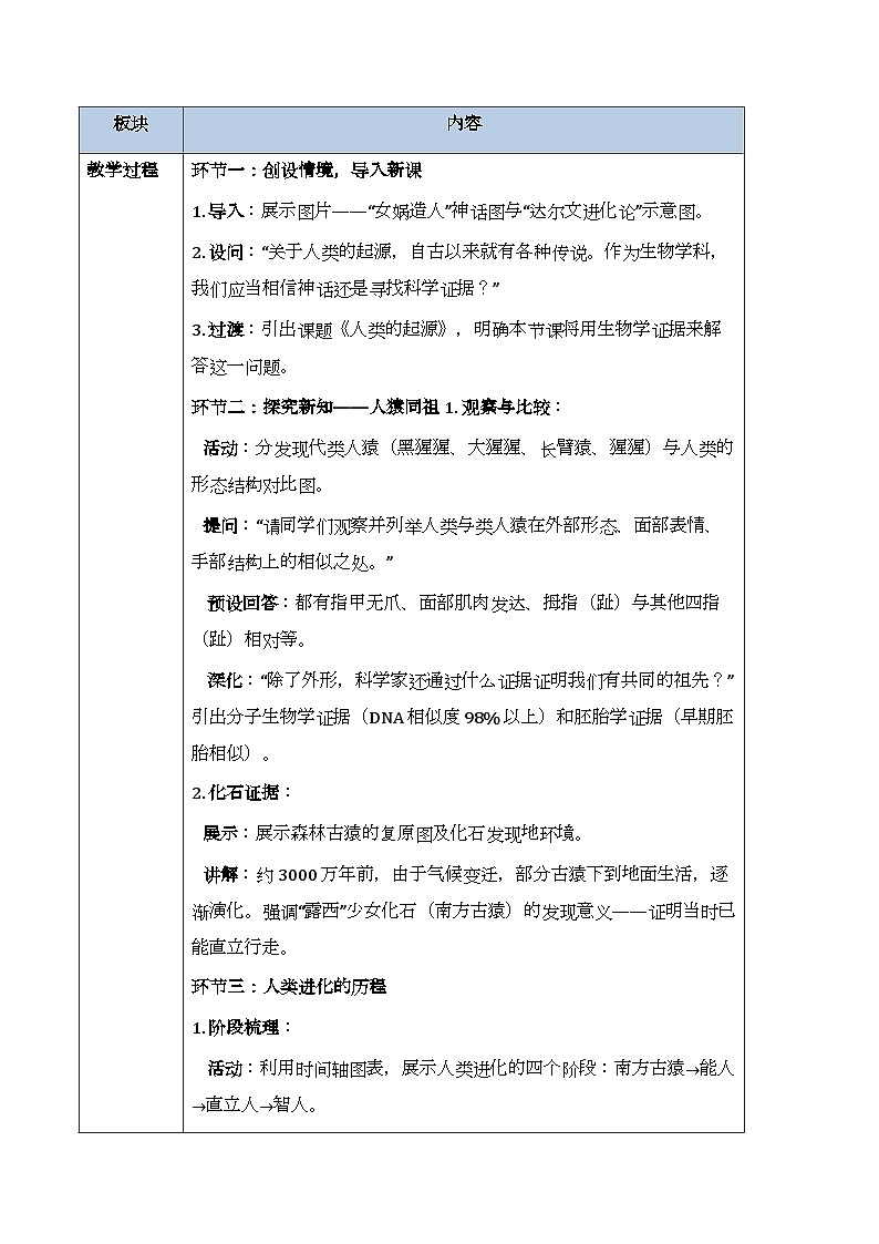 第六单元第三章第四节《人类的起源》教案-2025-2026学年冀少版（新教材）初中生物八年级下册第2页