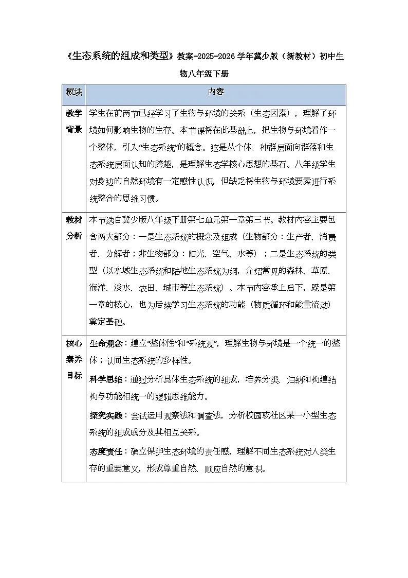 第七单元第一章第三节《生态系统的组成和类型》教案-2025-2026学年冀少版（新教材）初中生物八年级下册第1页