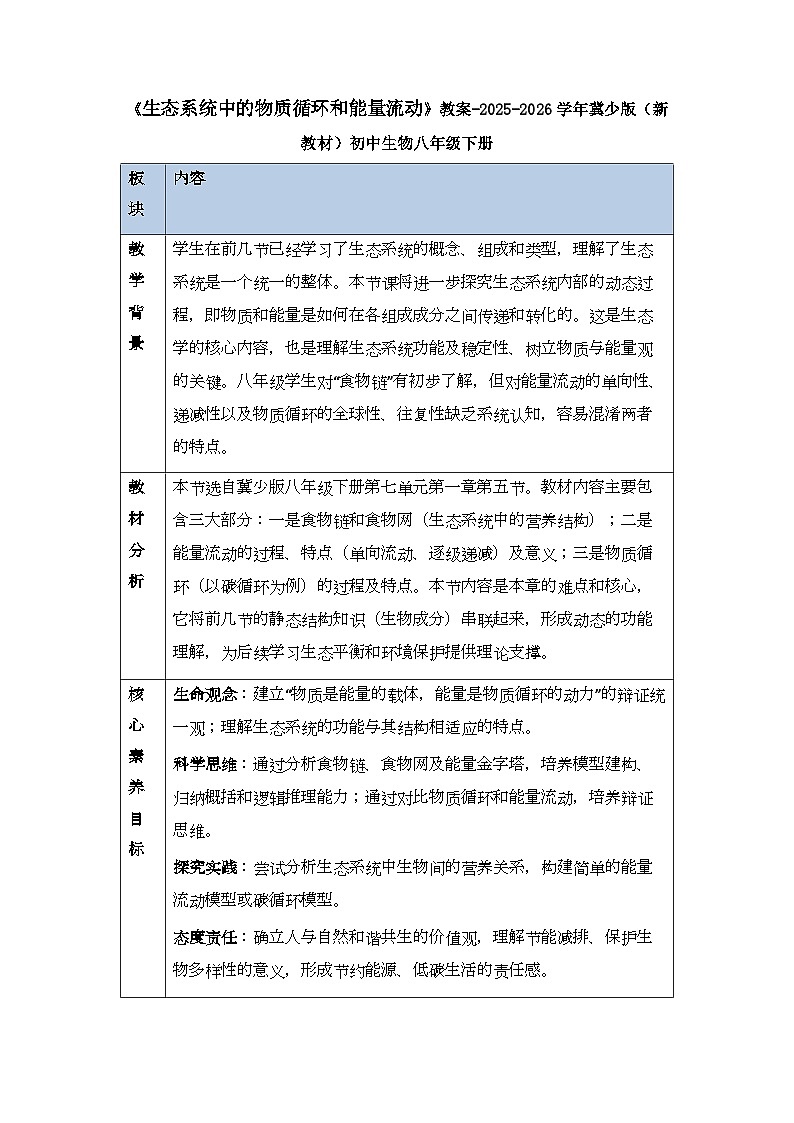 第七单元第一章第五节《生态系统中的物质循环和能量流动》教案-2025-2026学年冀少版（新教材）初中生物八年级下册第1页