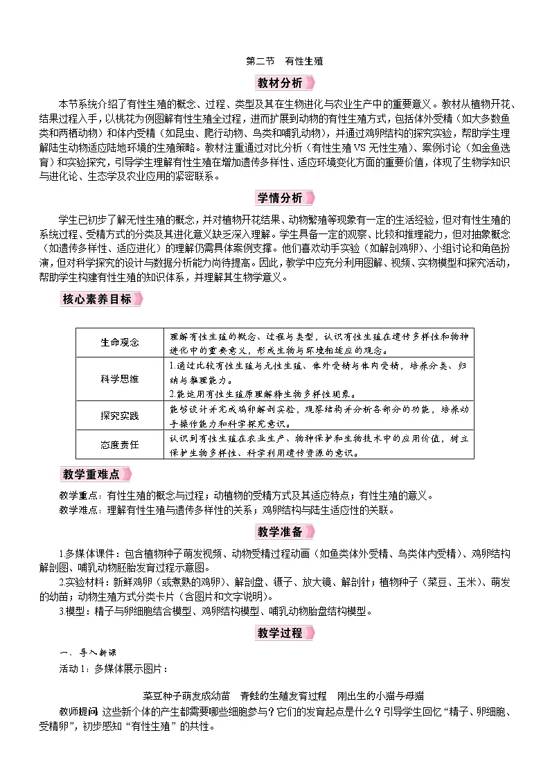 2026年八年级生物下册 人教版（2024）电子教案第1章　生物的生殖第2节　有性生殖第1页