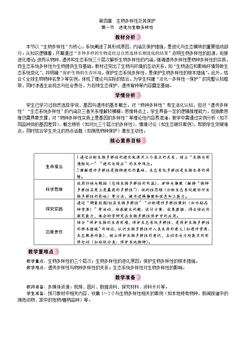 2026年八年级生物下册 人教版（2024）电子教案第4章　生物多样性及其保护第1节　进化与生物多样性第1页