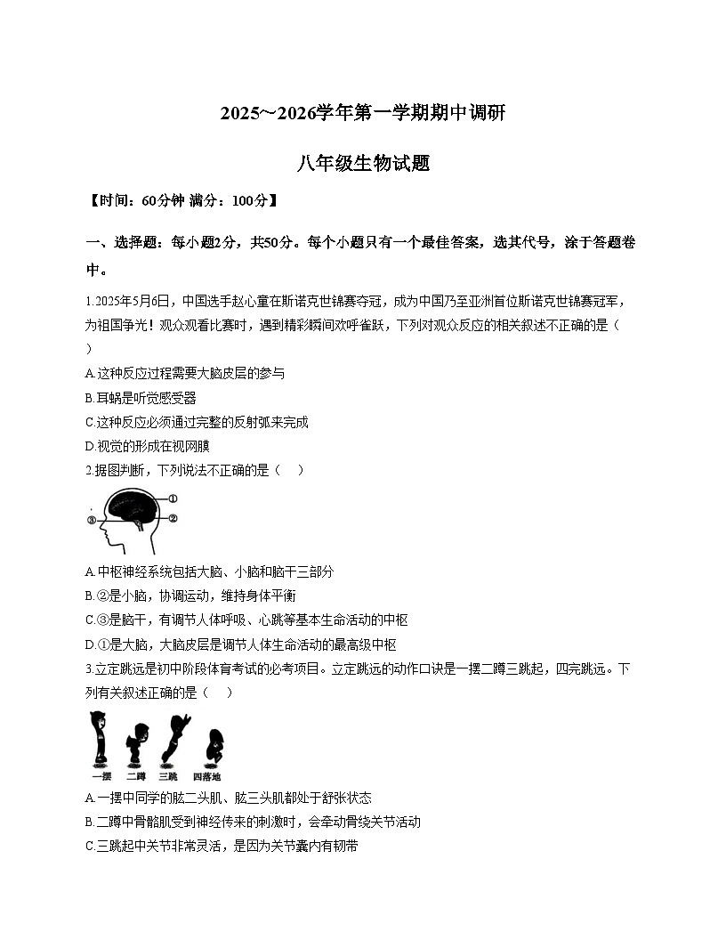 山东省聊城市临清市2025_2026学年八年级上学期期中调研生物试题（文字版，含答案）第1页
