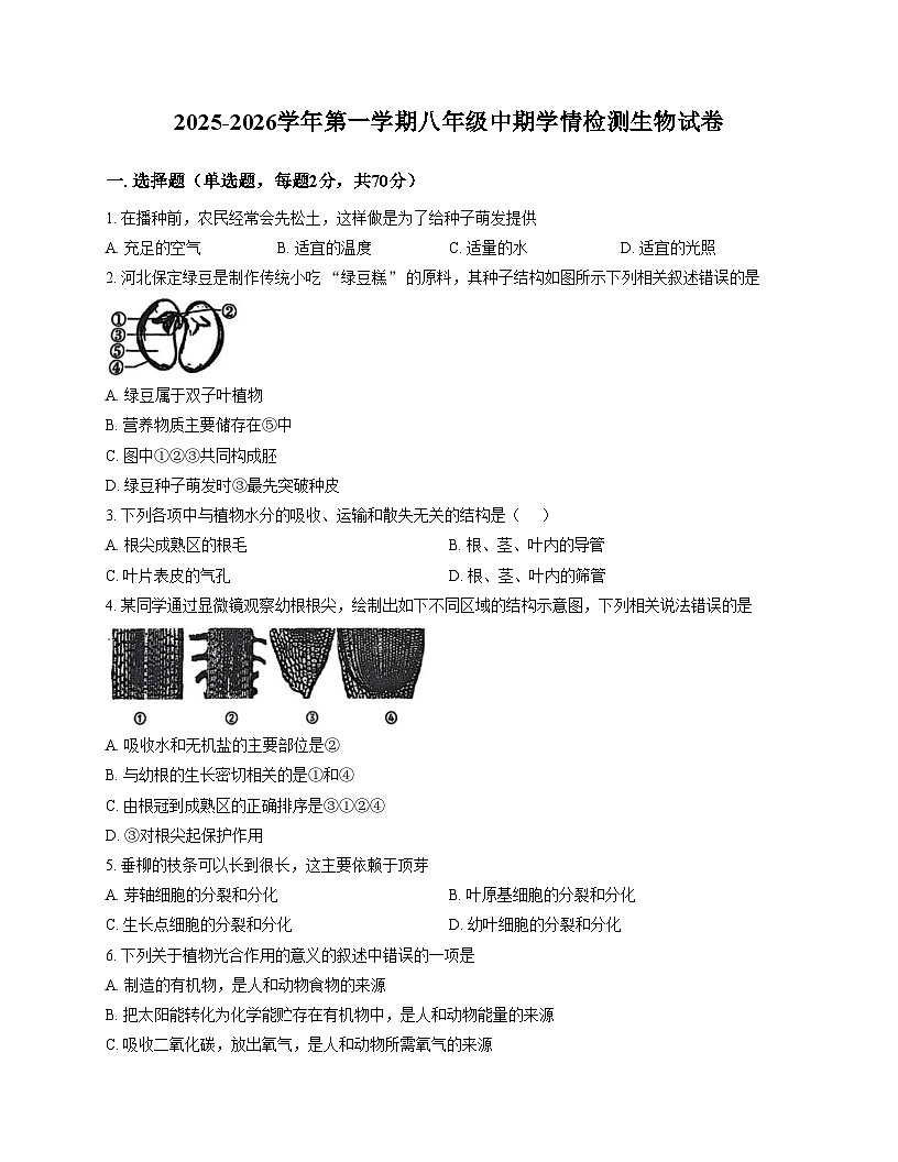 河北省石家庄市第九中学2025_2026学年八年级上学期11月期中生物试题（文字版，含答案）第1页