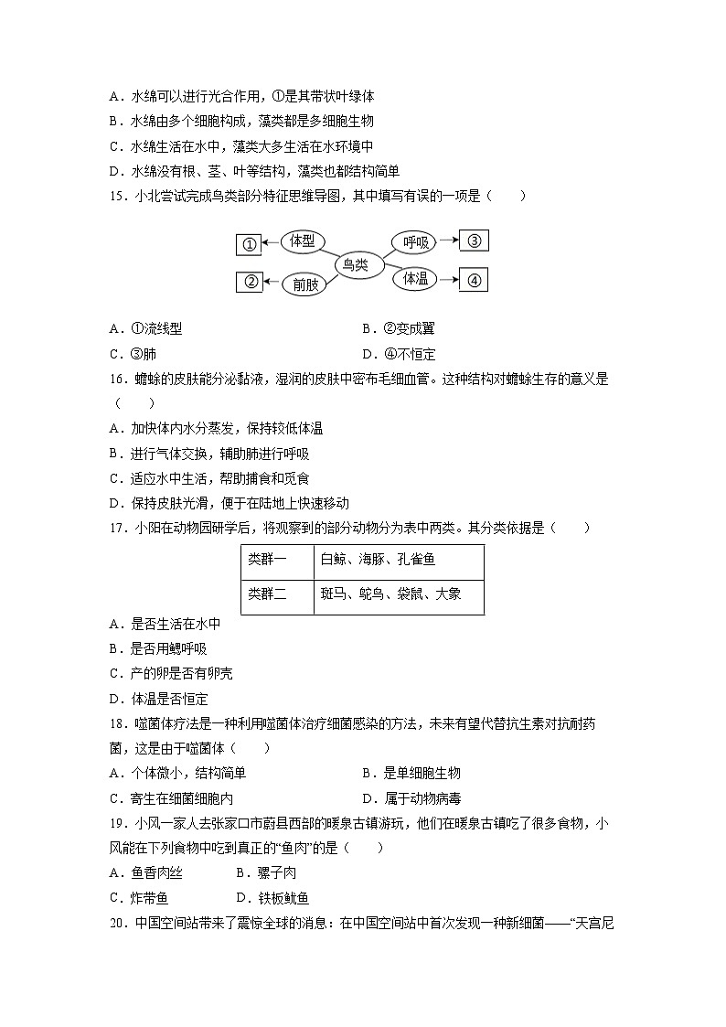 2025-2026学年河北张家口市怀安县七年级上学期期末考试生物试卷（学生版）第3页