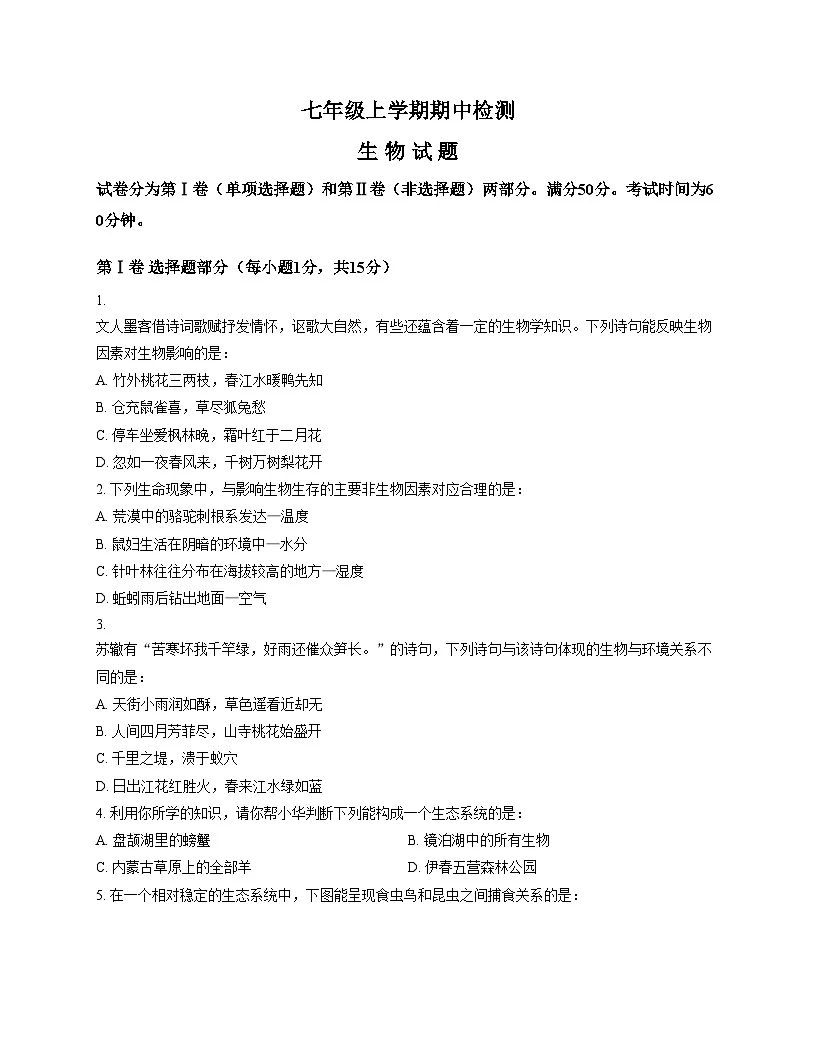 山东省泰安市新泰市2025_2026学年七年级上学期11月期中考试生物试题（文字版，含答案）第1页