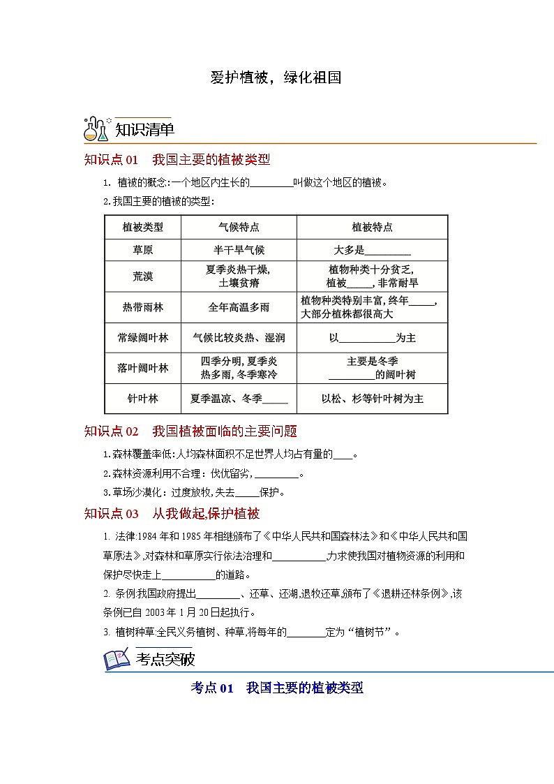 七年级上学期生物考点突然与提分——爱护植被，绿化祖国练习题（含答案）第1页