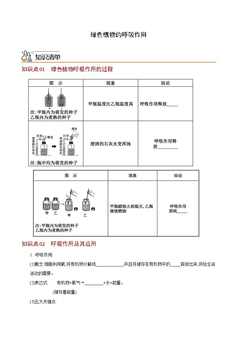 七年级上学期生物考点突然与提分——绿色植物的呼吸作用练习题（含答案）第1页