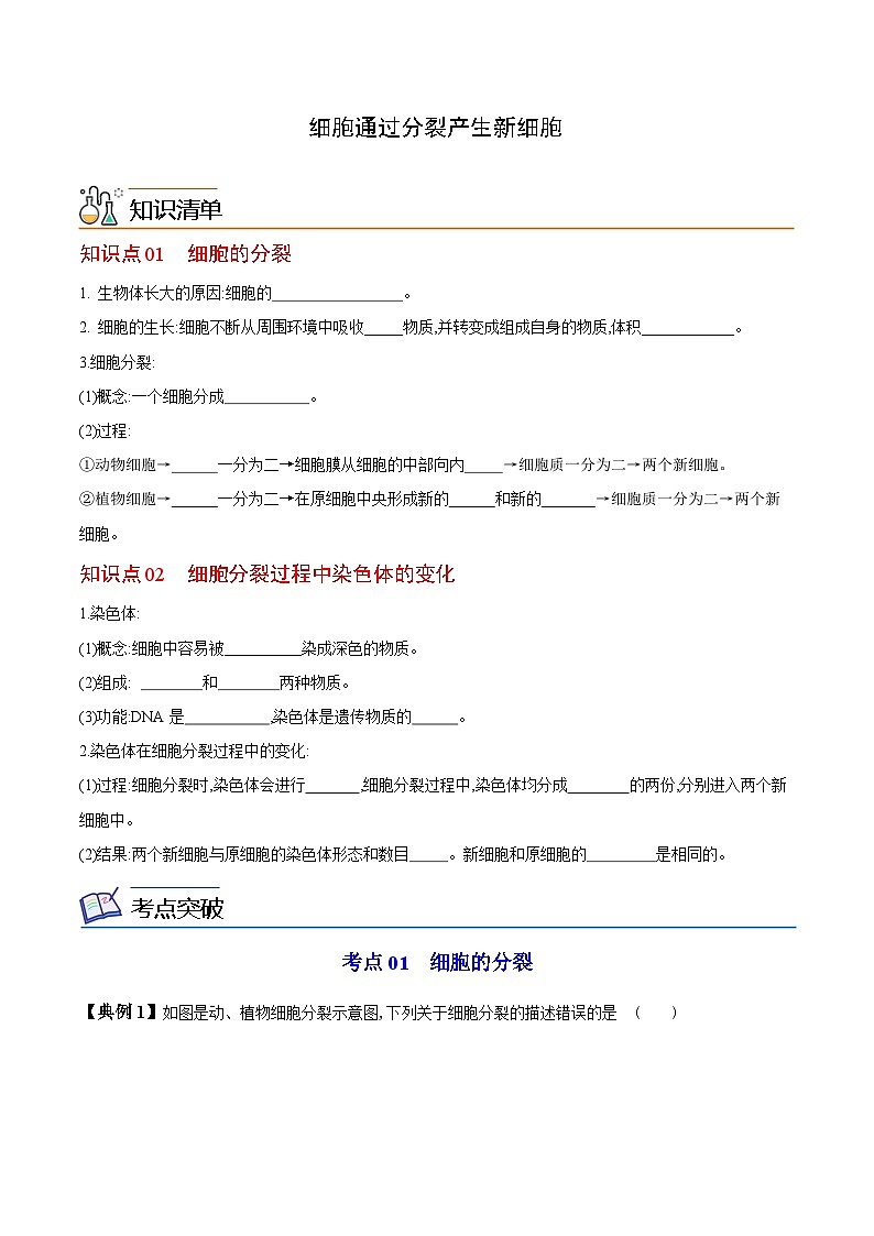 七年级上学期生物考点突然与提分——细胞通过分裂产生新细胞练习题（含答案）第1页