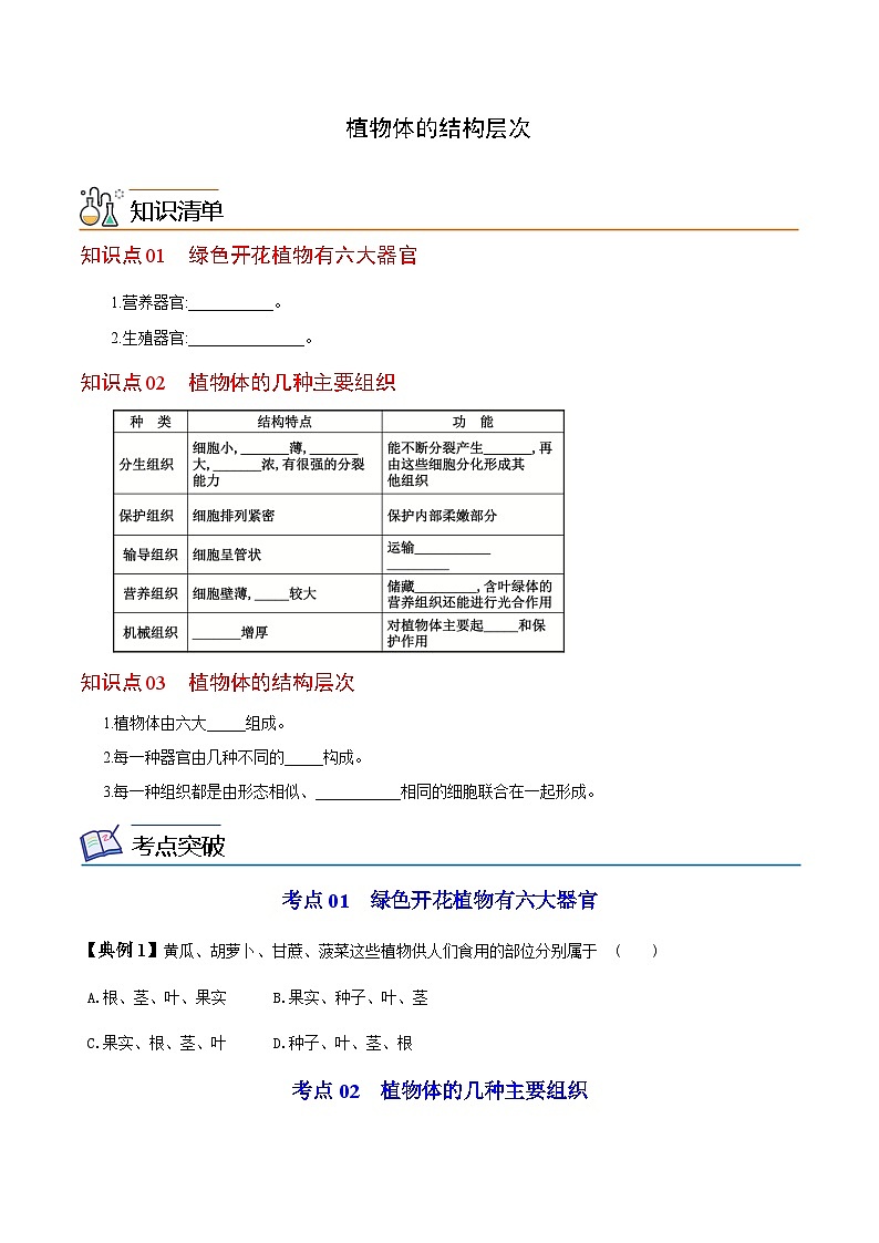 七年级上学期生物考点突然与提分——植物体的结构层次练习题（含答案）第1页