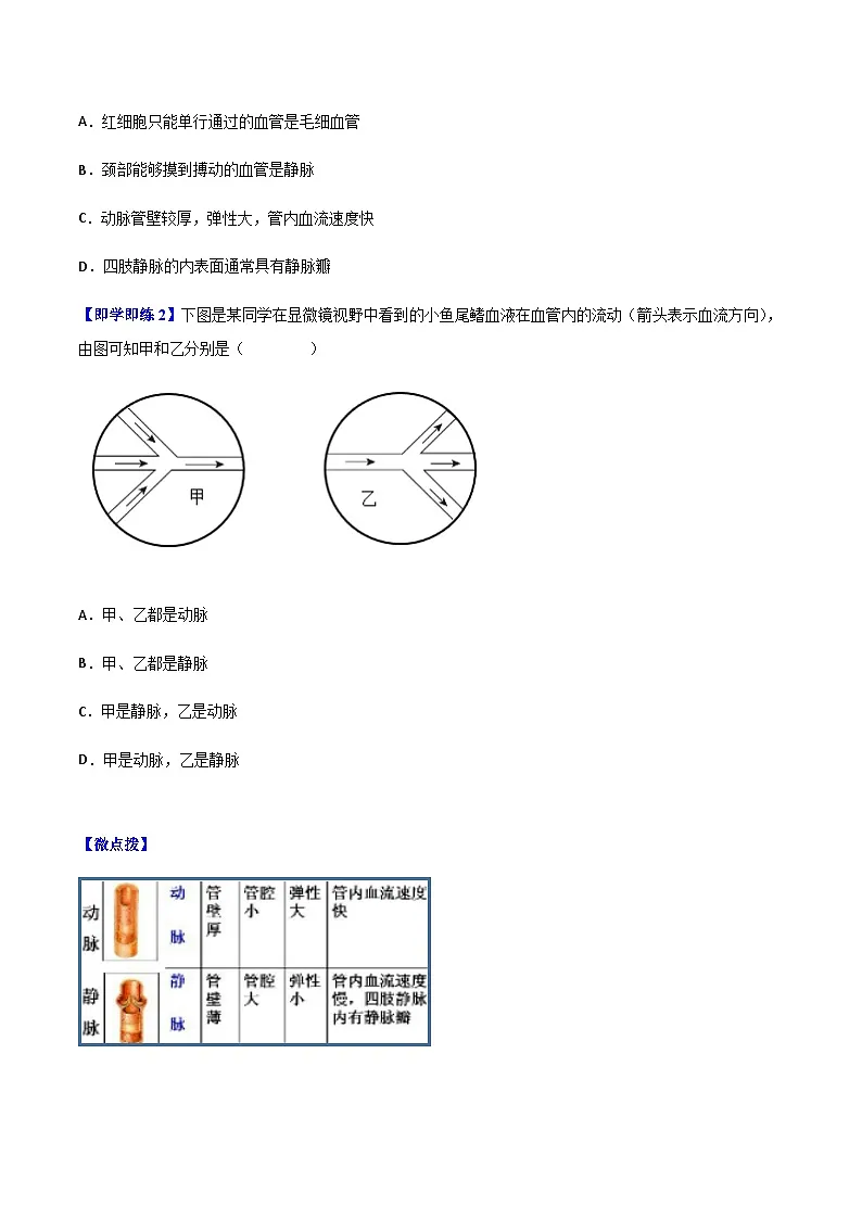 七年级下学期生物考点突然与提分——血流的管道练习题（含答案）第3页