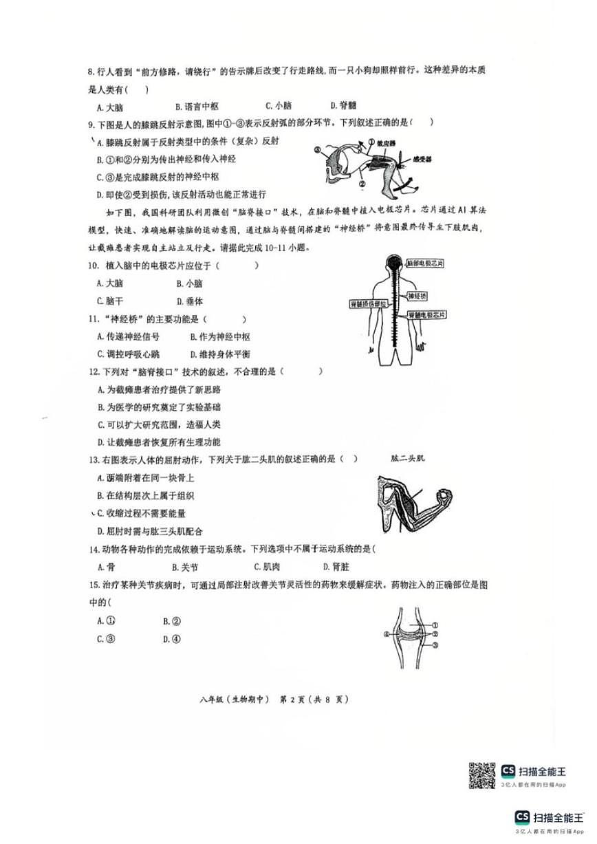 北京市北京交通大学附属中学2025-2026学年八年级上学期期中考试生物试卷（无答案）第2页