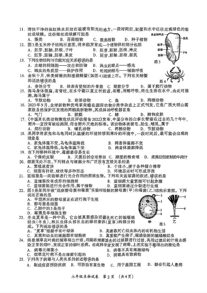 广西桂林市2024-2025学年七年级上学期期末考试生物试题第2页