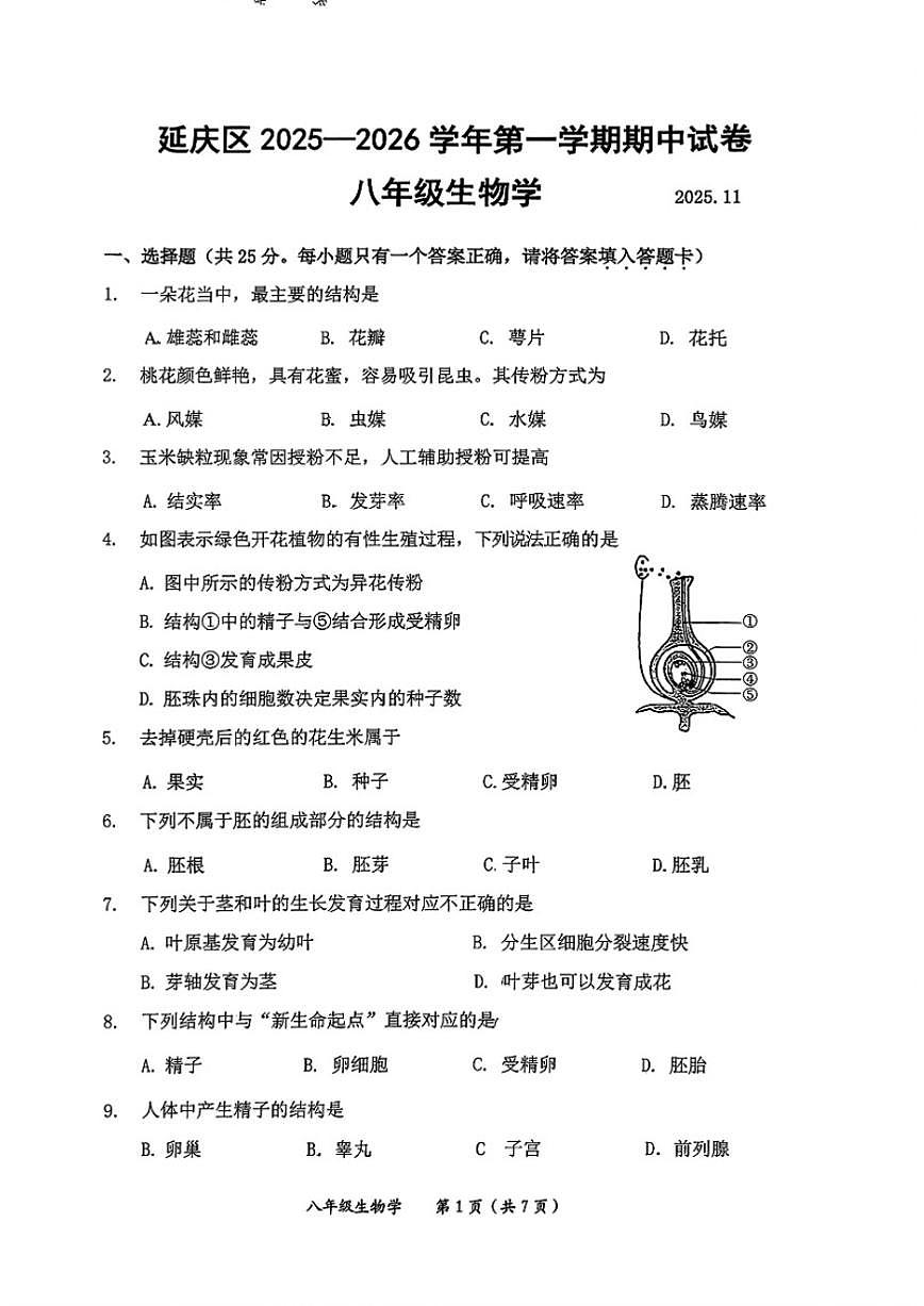 北京市延庆区2025-2026学年八年级上学期期中生物试题_(无答案_)第1页