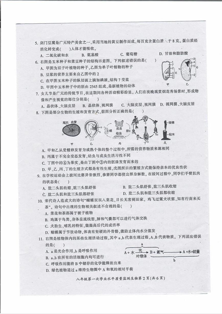 2025年四川广元市利州区八年级第一次学业水平质量监测生物试卷第2页