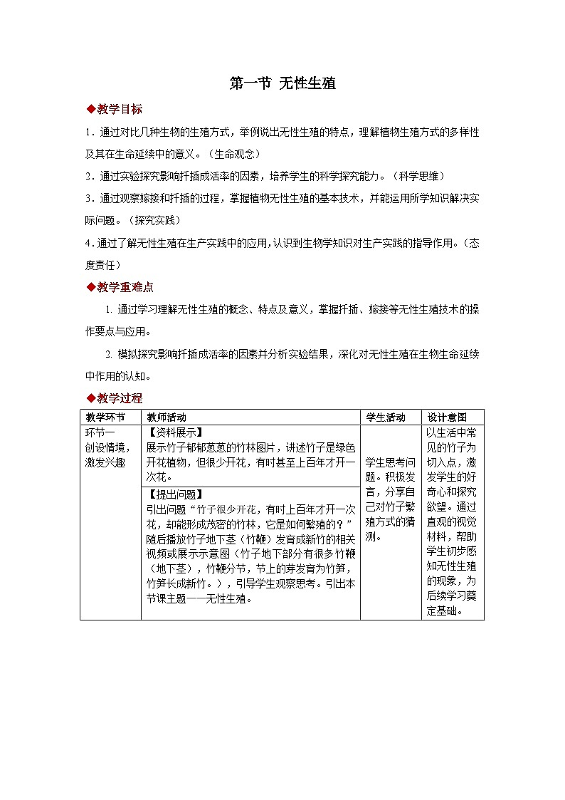 第一章第一节 无性生殖 教案 初中生物人教版（2024）八年级下册教案第1页