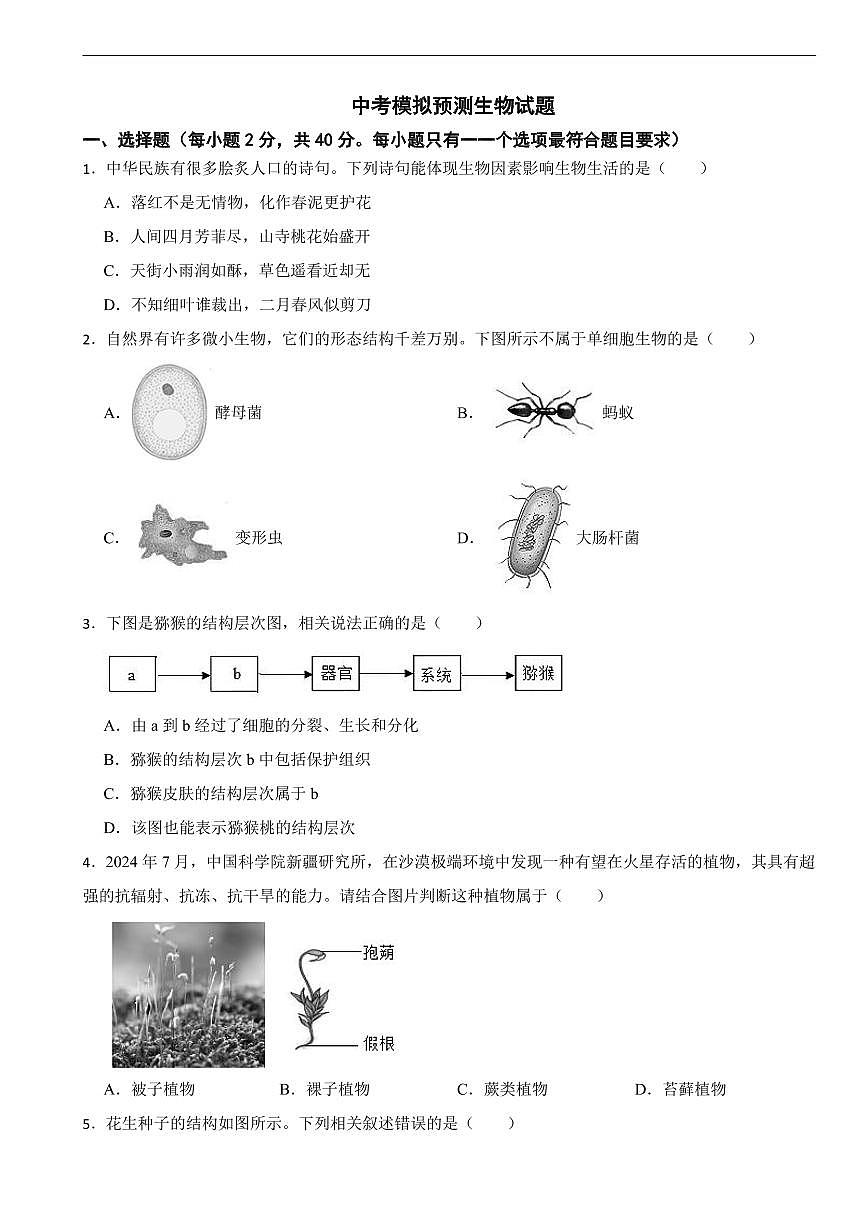 四川省绵阳市2026年中考模拟预测生物试题七套含答案第1页
