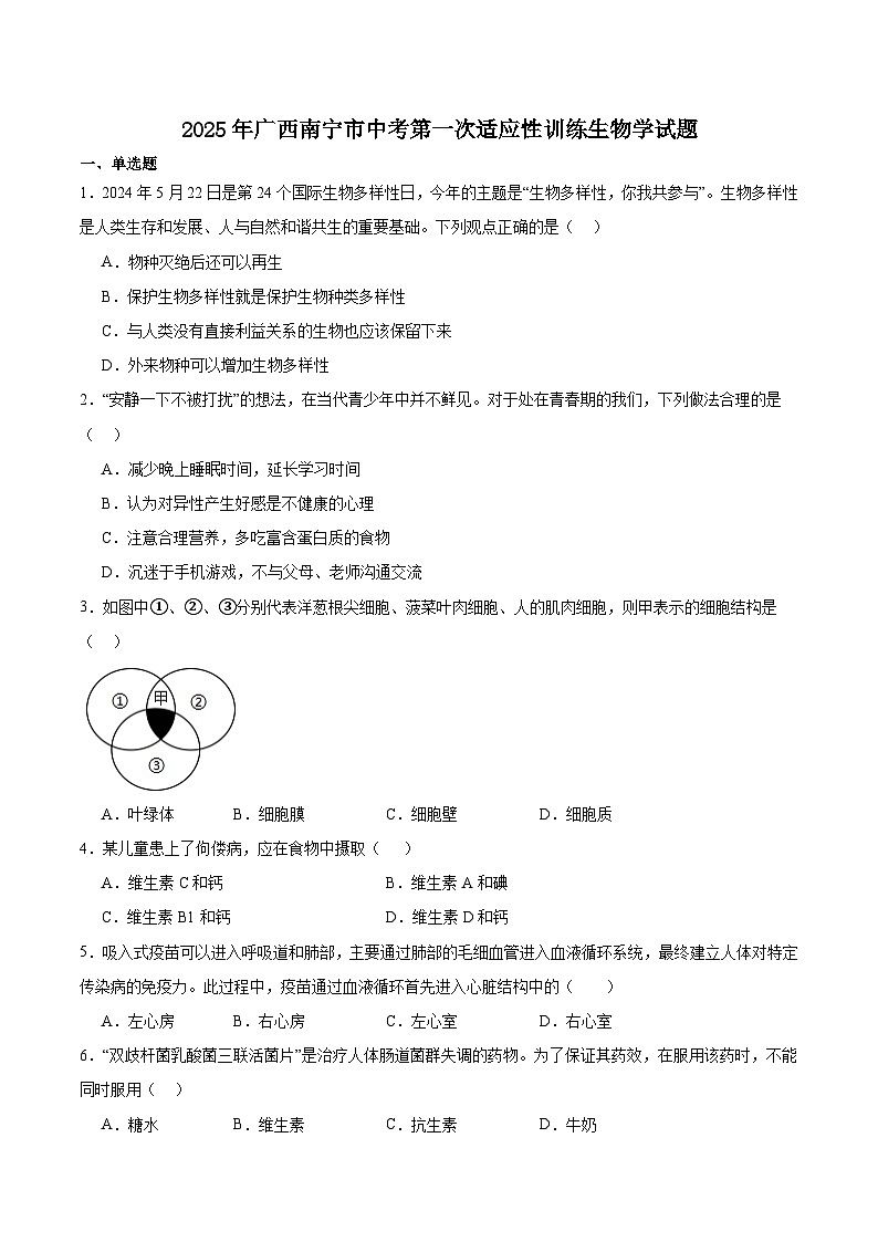 广西壮族自治区南宁市2025届九年级下学期中考第一次适应性训练生物试卷（含答案）第1页