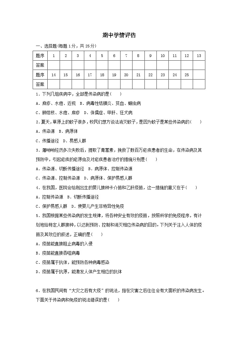 2025八年级生物上学期期中学情评估试卷（含答案冀少版）第1页