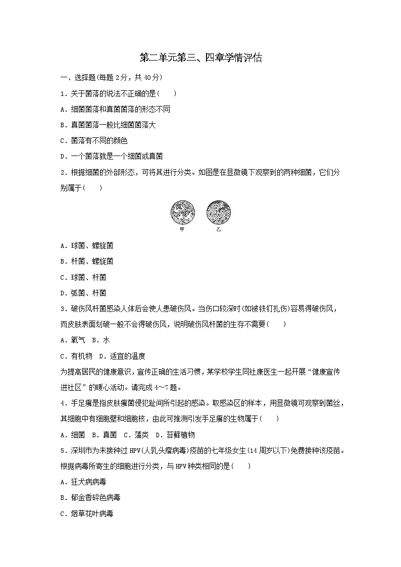 2025七年级生物上册第二单元多种多样的生物第三四章学情评估试卷（含答案人教版）第1页