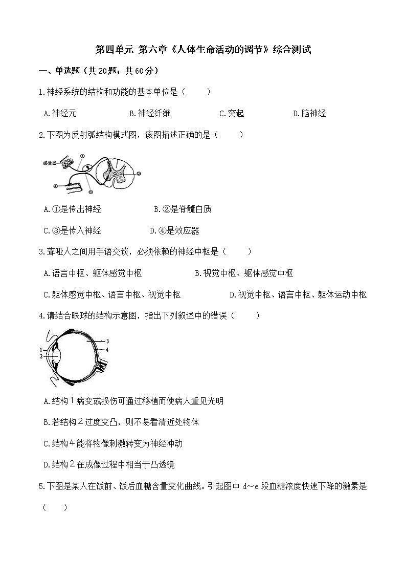 人教版七年级生物下册-第四单元 第六章《人体生命活动的调节》综合测试（Word版含答案）01