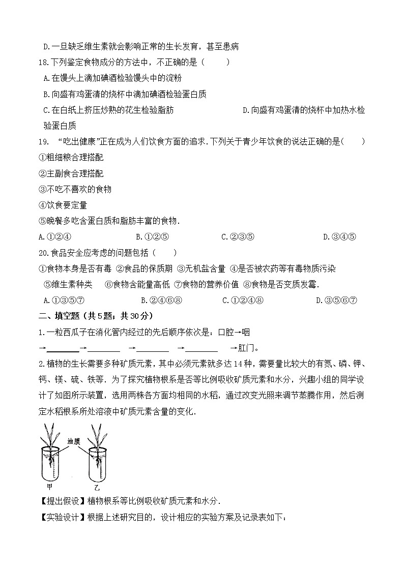 七年级生物下册单元试卷（Word版含答案）-第四单元 第二章《人体的营养》（人教版）03