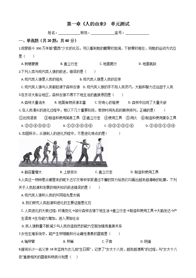 人教版七年级生物下册-第一章《人的由来》 （Word版含答案） 试卷01