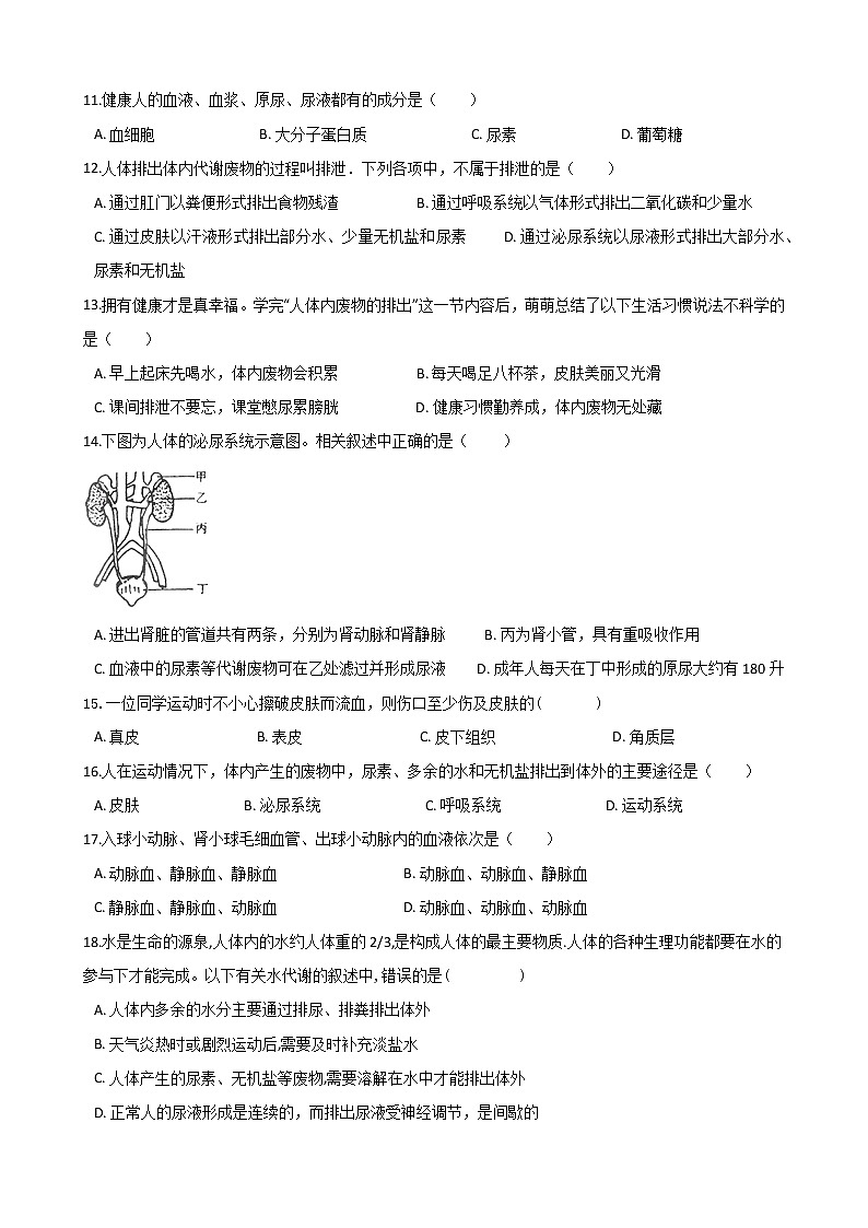人教版七年级生物下册-第五章《人体内废物的排出》单元测试（Word版含答案）02