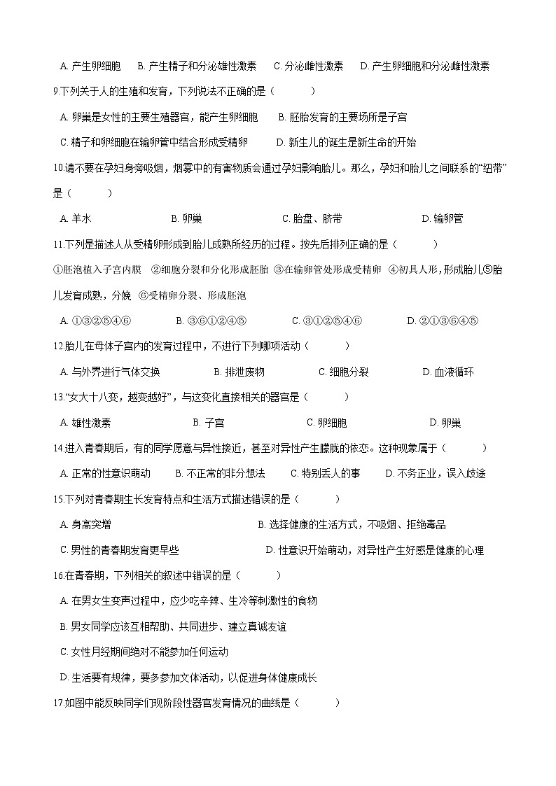 人教版七年级生物下册-第一章《人的由来》单元测试（含答案）02