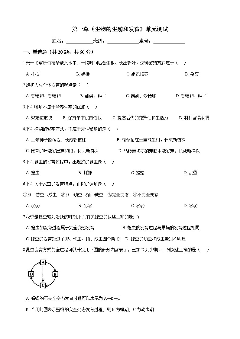 人教版八年级生物下册-第七单元 第一章《生物的生殖和发育》单元测试（含答案）01