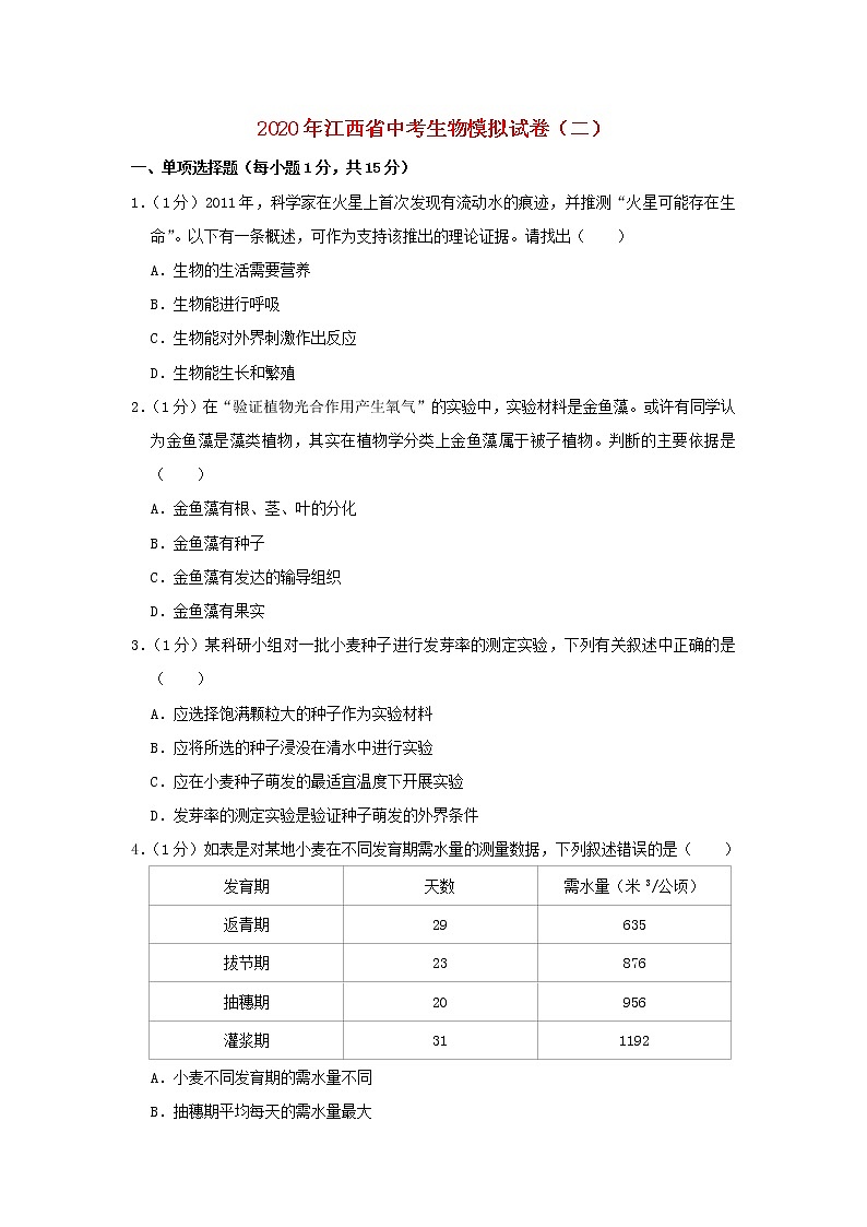 江西省2020年中考生物模拟试卷（二）01