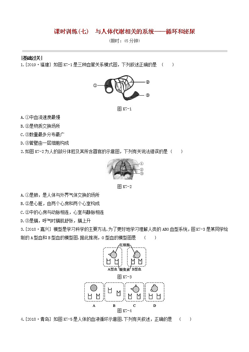 （杭州专版）2020中考生物复习方案课时训练07与人体代谢相关的系统――循环和泌尿第1页