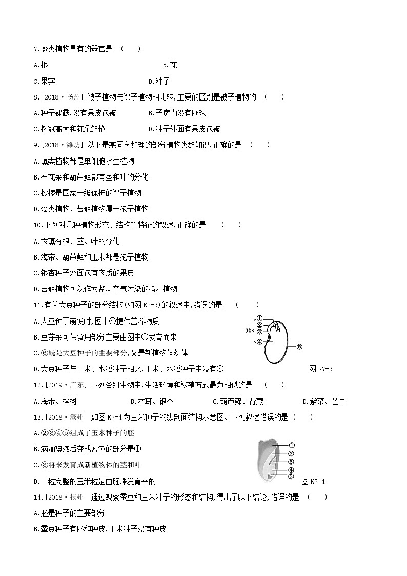 2020中考生物一轮复习方案第二单元生物圈中的绿色植物课时训练07生物圈中有哪些绿色植物试题第2页