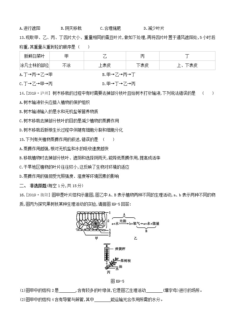 2020中考生物一轮复习方案第二单元生物圈中的绿色植物课时训练09绿色植物与生物圈的水循环试题第3页