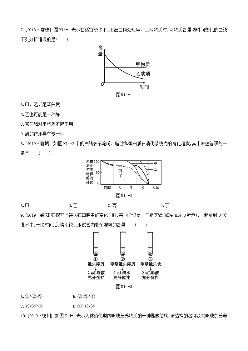 2020中考生物一轮复习方案第三单元生物圈中的人课时训练14人体的营养二试题02