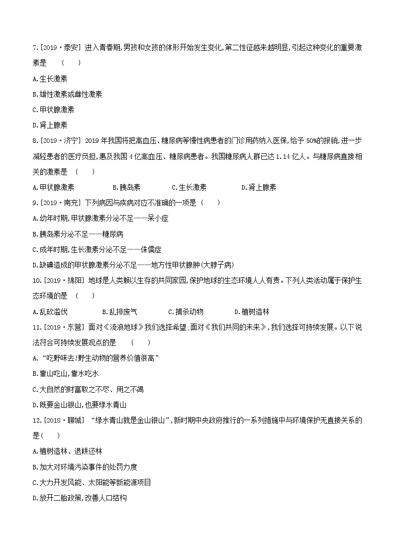 2020中考生物一轮复习方案第三单元生物圈中的人课时训练21激素调节人类活动对生物圈的影响试题02