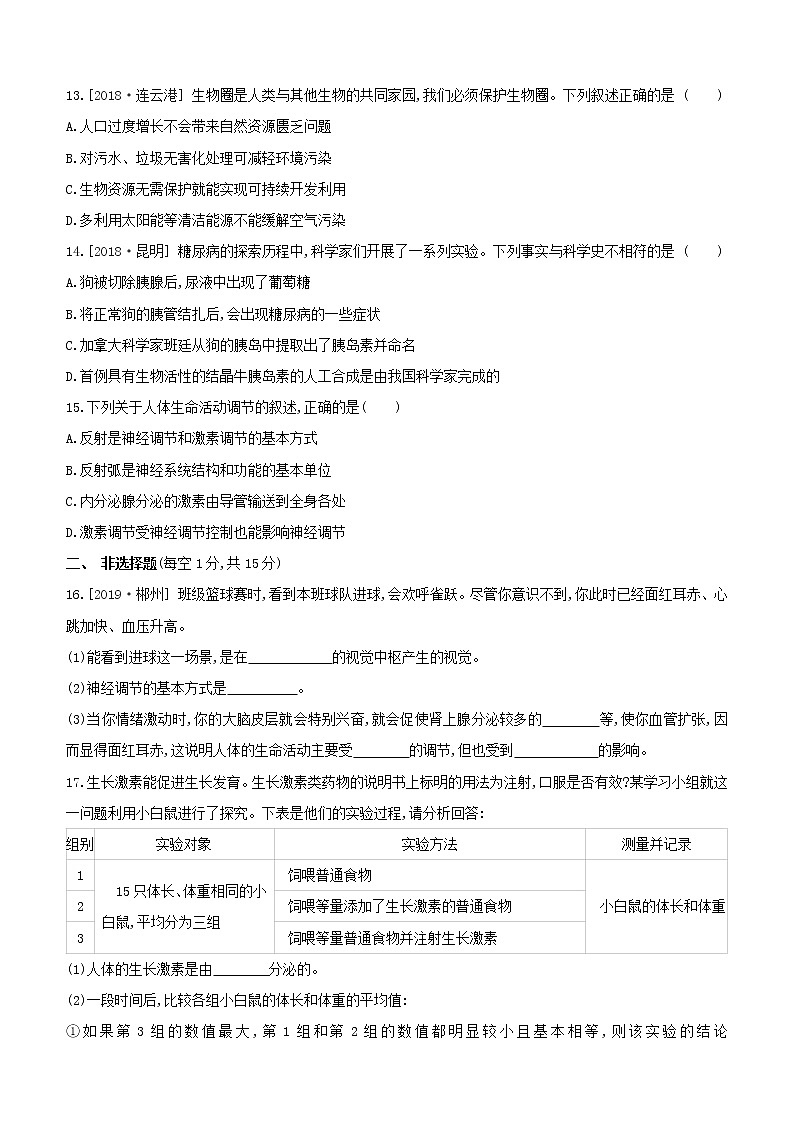 2020中考生物一轮复习方案第三单元生物圈中的人课时训练21激素调节人类活动对生物圈的影响试题03