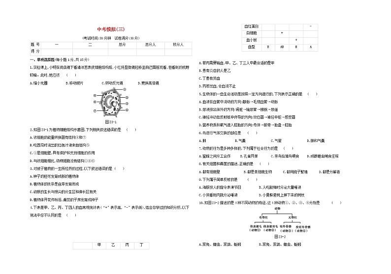 2020中考生物复习方案中考模拟03试题附答案01