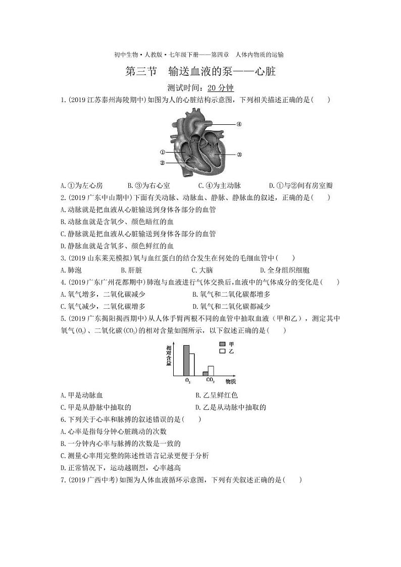 七年级生物下册第四单元生物圈中的人第四章人体内物质的运输第三节输送血液的泵—心脏课时练习（pdf）（新版）新人教版第1页
